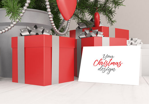 3D Rendering Christmas Card with Gifts Under Tree
