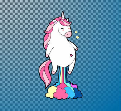 Cute fat unicorn farting rainbow. Unicorn isolated vector icon.