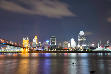 Skyline of Cincinnati, Ohio and the John A Roebling Suspension Bridge from George Rogers Clark Park in Covington, Kentucky