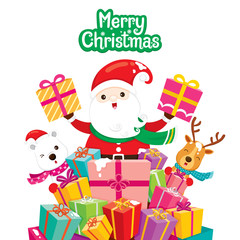 Obraz na płótnie Canvas Santa Claus, Reindeer And Polar Bear With Pile Of Gifts, Xmas, Happy New Year, Objects, Animals, Festive, Celebrations