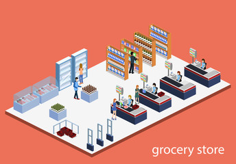 Isometric 3D vector illustration concept of a grocery store with buyers and cashier