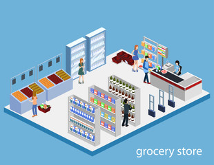 Isometric 3D vector illustration concept of a grocery store with buyers and cashier