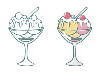Hand drawn ice cream coloring page with sample. Vector illustration on white background.