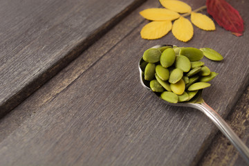 Seeds of pumpkin in spoon with copy space