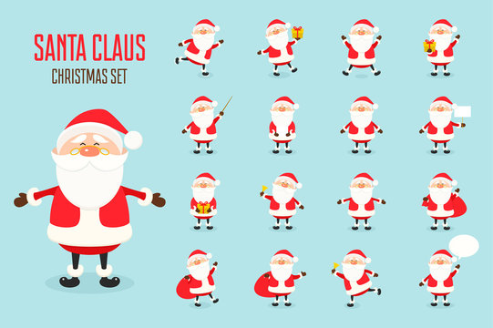 Cute vector Santa Claus icon set in flat style, christmas collection, xmas and New year character in different poses. Funny Santa with different emotions. Design template in EPS10