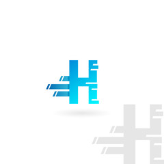 Letter H logo. Blue distorted vector icon. Speed concept font.