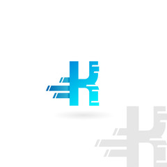 Letter K logo. Blue distorted vector icon. Speed concept font.