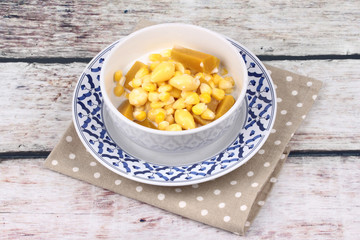 Delicious streamed sweet corn ,pumpkin and ,ginkgo in coconut milk .