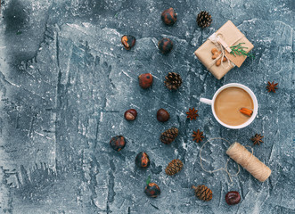 Christmas background - Craft and handmade Christmas present gift boxes with coffee. Creative Flat layout and top view composition