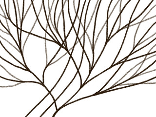 Colorful hand drawn bright brown trees on white background, isolated cartoon nature illustration painted by pastel and pencil chalk, high quality