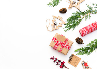 Christmas Composition with decorations and wrapped Present isolated on white. Flat Lay Background