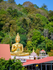 Big Buddha golden outside and the green forest on background