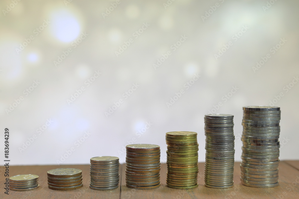 Poster isolated coin pile stacked in increasing chart shape on white background