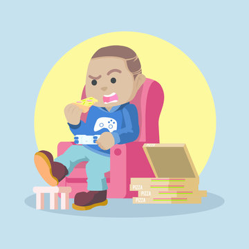 African gamers playing in sofa while eating pizza– stock illustration
