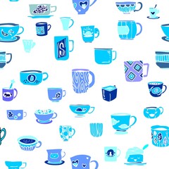 many various design cup of tea or coffee doodle drawing pattern seamless porcelain blue tone and white color background vector
