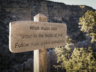 Warning sign regarding mules pass on trail