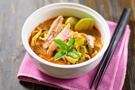 Northern Thai food (Khao soi), curry noodles soup with chicken