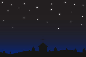 Holy Night or Starry Night with Church and Christmas Tree Silhouette