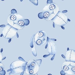 Seamless pattern with hand made toys 4. Watercolor creepy Teddy bear, cat and bunny