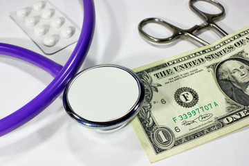 stethoscope dollar , expenditure on health or financial assistance, high cost of expensive drug concept. Economic forecast of the dollar rate in the world market