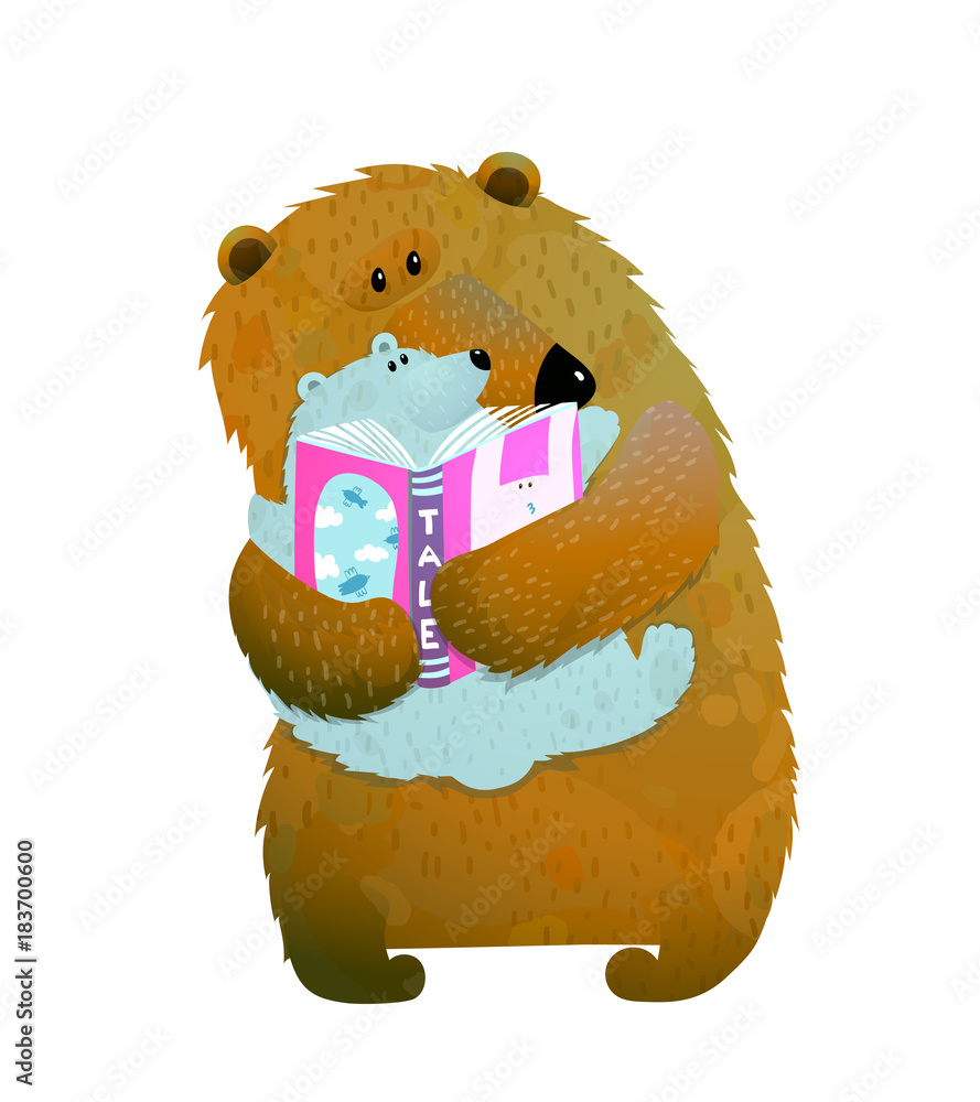 Canvas Prints mother or father bear reading book to bear cub. vector illustration.