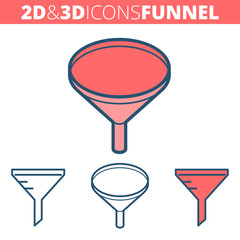 The funnel filter.  Flat and isometric 3d outline icon set. The convercion concept, laboratory equipment line pictogram. Vector linear infographic elements for web design, social media, presentations.