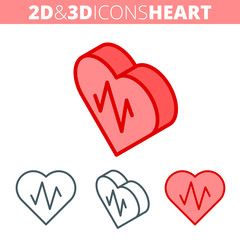 The heart and heartbeat. Flat and isometric 3d outline icon set. The heart shape with pulse line illustration collection. Vector linear infographic elements for web design, social media, presentations