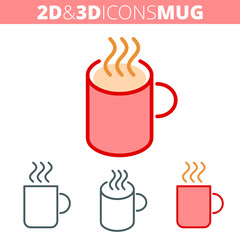 The coffee mug. Flat and isometric 3d outline icon set. The ceramic espresso mug with steam line illustration collection. Vector linear infographic elements for web design, social media, presentations