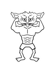 Fototapeta na wymiar stark posen muskeln bodybuilder fitness training trainieren gnom frech klein monster horror halloween böse ork troll comic cartoon clipart