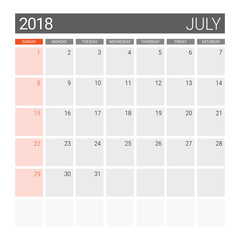 2018 July calendar or desk planner, weeks start on Sunday