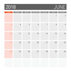 2018 June calendar or desk planner, weeks start on Sunday