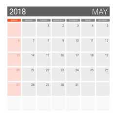 2018 May calendar or desk planner, weeks start on Sunday