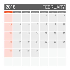 2018 February calendar or desk planner, weeks start on Sunday