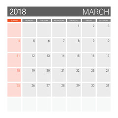 2018 March calendar or desk planner, weeks start on Sunday