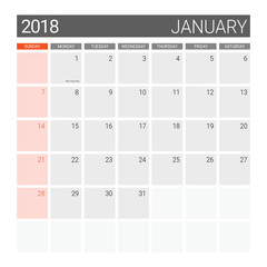 2018 January calendar or desk planner, weeks start on Sunday