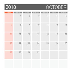 2018 October calendar or desk planner, weeks start on Sunday
