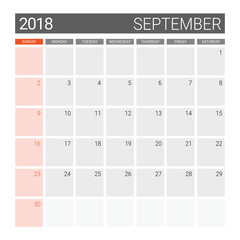 2018 September calendar or desk planner, weeks start on Sunday
