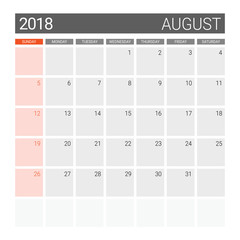 2018 August calendar or desk planner, weeks start on Sunday