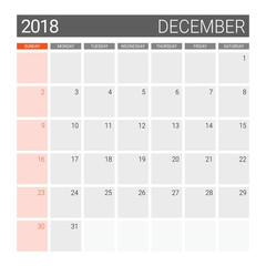 2018 December calendar or desk planner, weeks start on Sunday