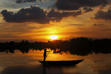 silhouette oar on lake Thailand