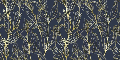 Fotobehang Seamless pattern, hand drawn golden leaves with small flowers on dark blue background © momosama