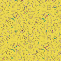 seamless pattern sketch for kitchen accessories and food 1