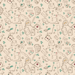 seamless pattern sketch for kitchen accessories and food