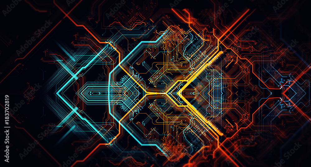 Poster Printed circuit board/Abstract technological background made of different element printed circuit board. Depth of field effect and bokeh can be used as digital dynamic wallpaper