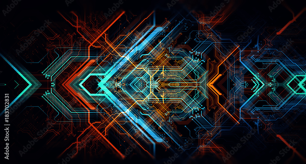 Poster Printed circuit board/Abstract technological background made of different element printed circuit board. Depth of field effect and bokeh can be used as digital dynamic wallpaper