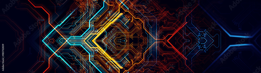 Poster Printed circuit board/Abstract technological background made of different element printed circuit board. Depth of field effect and bokeh can be used as digital dynamic wallpaper