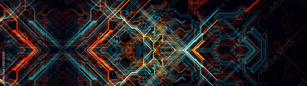 Poster Printed circuit board. Abstract technological background made of different element printed circuit board. Depth of field effect and bokeh can be used as digital dynamic wallpaper