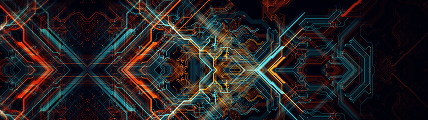 Fototapeta Printed circuit board/Abstract technological background made of different element printed circuit board. Depth of field effect and bokeh can be used as digital dynamic wallpaper obraz