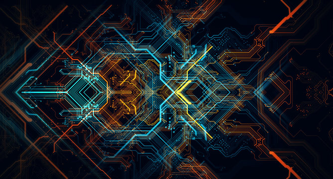 Printed circuit board/Abstract technological background made of different element printed circuit board. Depth of field effect and bokeh can be used as digital dynamic wallpaper