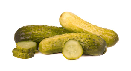 Pickled cucumber isolated on white background. Marinated pickled cucumber isolated. Closeup